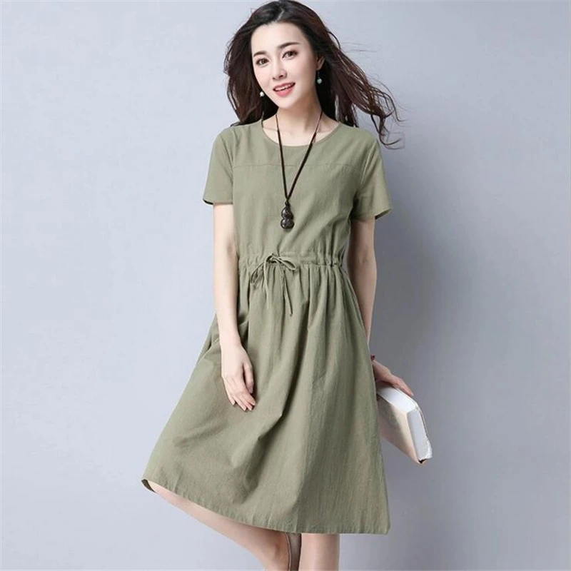 2017 повседневные однотонные льняной сарафан Laides Одежда с круглым вырезом женские