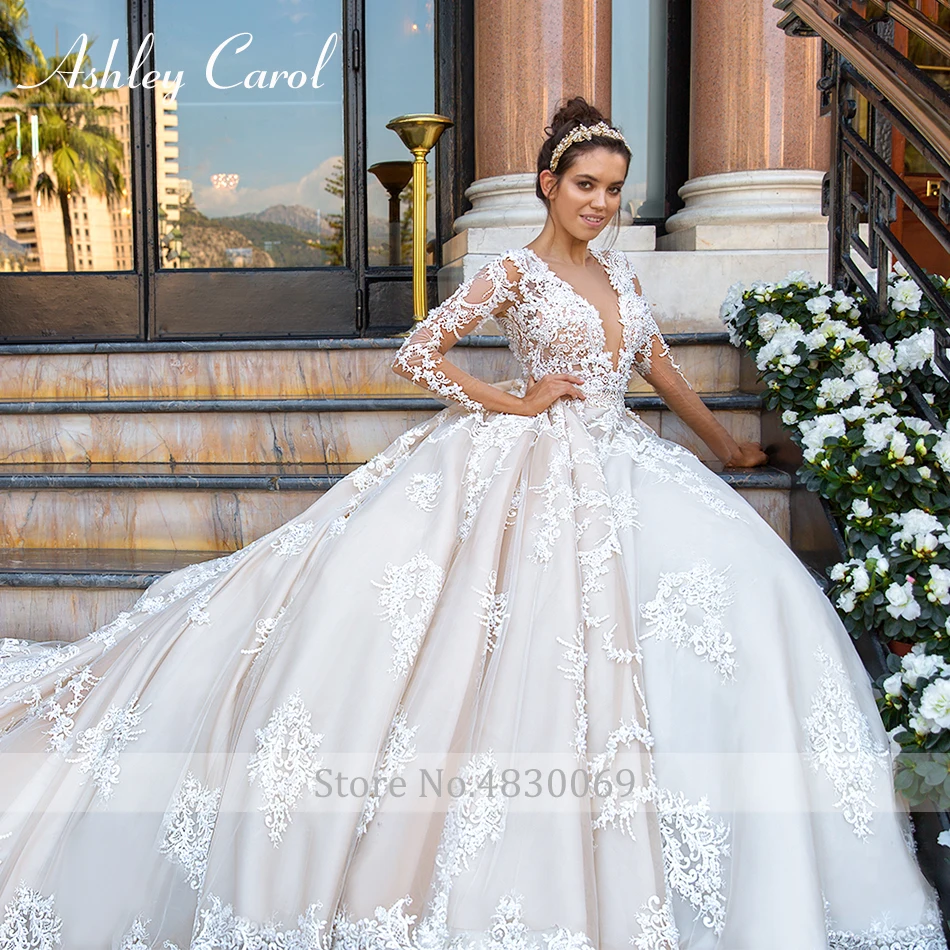 Ashley Carol роскошное бисерное кружевное свадебное платье принцессы сексуальное романтическое свадебное платье с v-образным вырезом и длинным рукавом Vestido De Novia