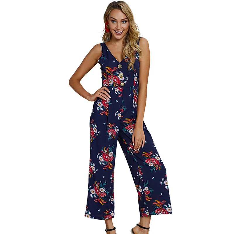 Женский винтажный хлопковый комбинезон с цветочным принтом без рукавов|Женские
