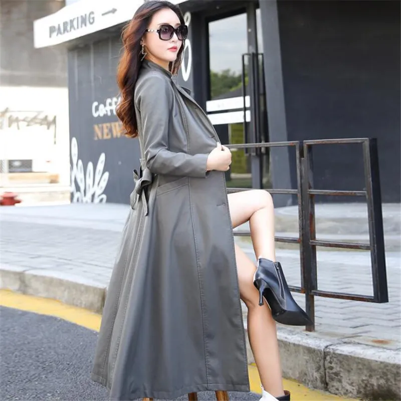 gray leather jackets M-5XL, длинный Повседневный Тренч из искусственной кожи для женщин, с поясом, зимняя куртка с длинным рукавом, женская модная мотоциклетная Макси верхняя одежда Ds5040 - Цвет: gray leather jackets