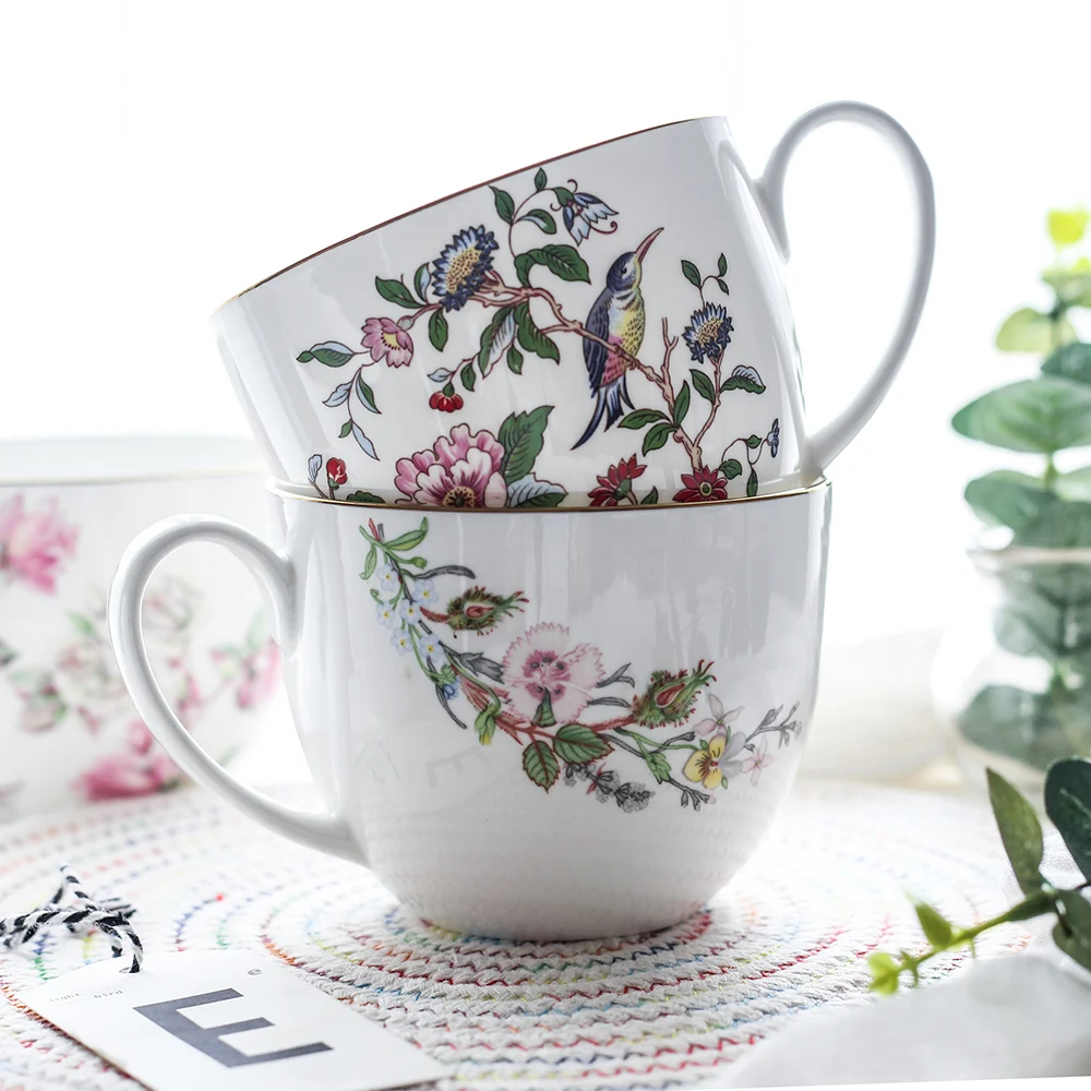 

750 ml 25 OZ Bone China Mug Ceramic Cup for Coffee Milk Cereal Tea Instant Noodles Creative Rose Bird Flower Pattern DEC434