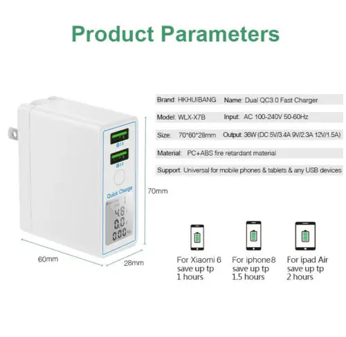 36 Вт двойной USB Quick Charge 3,0 зарядное устройство адаптер Светодиодный дисплей Быстрая QC 3,0 USB зарядное устройство для iPhone samsung huawei дорожное настенное зарядное устройство