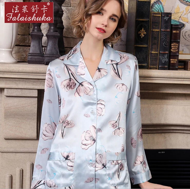 100% Silk Stain Pajama Sets  Long Sleeve Flower Print 2019 Women Pink Silk Sleepwear Two Piece Pants Sets  Homewear Clothing 2XL