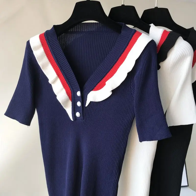 Amolapha Women V neck Button Knitted Short Sleeve Sweater Pullovers Ruffles Knit Jumper Tops Tees | Женская одежда