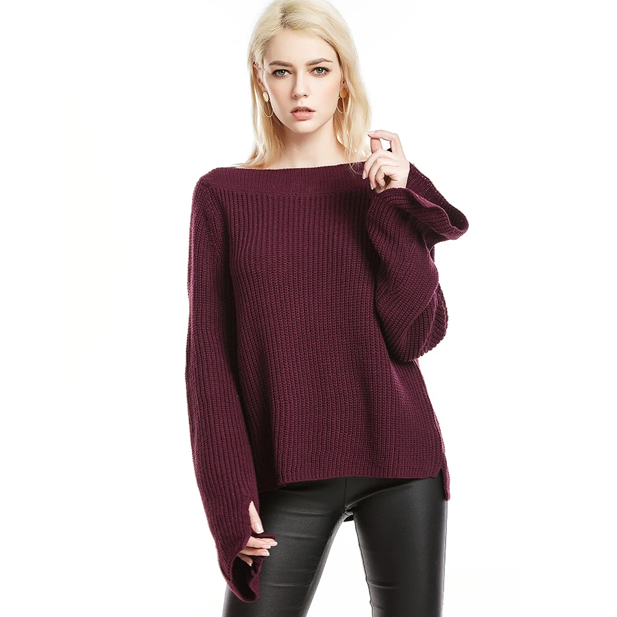 Women Sweater Fincati 2018 Sexy Slash Neck Solid Colors Long Flare Sleeve Knitted Pullover Loose Style S-XL Oversize Tops | Женская