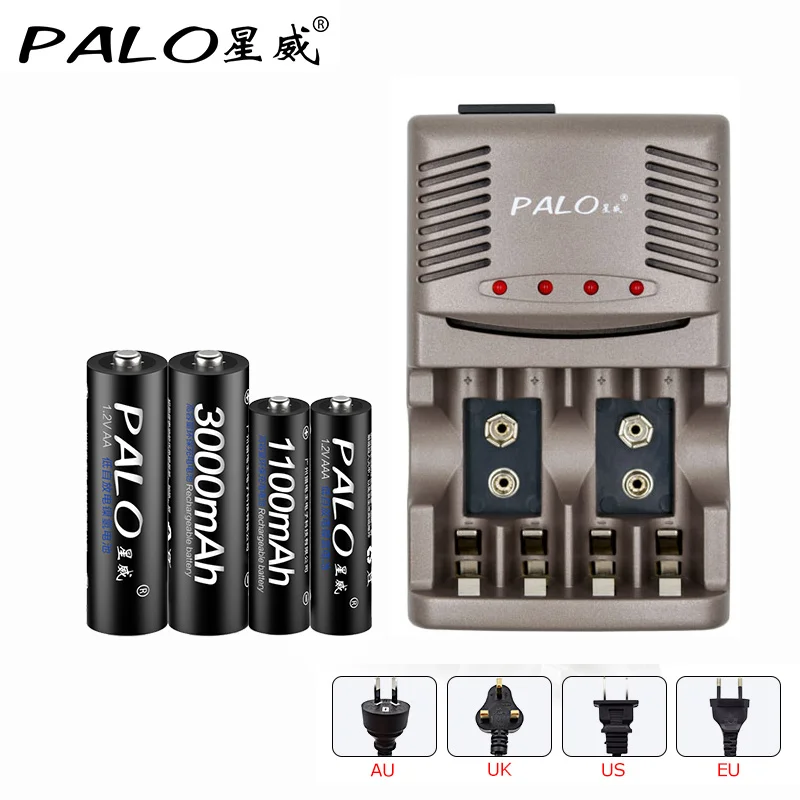 

4 Slots Quick Charger Intelligent LED Light Battery Charger For NiCd NiMH AA AAA 6F22 Batteries With 2Pcs AA+ 2pcs AAA Batteries