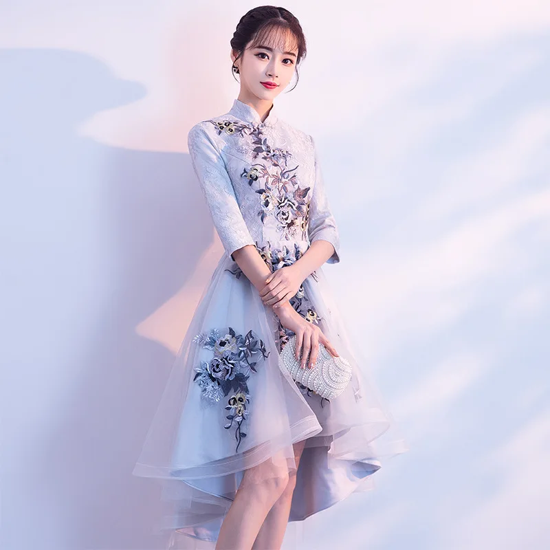 Высокое качество короткое платье Ципао сексуальная вышивка Qipao женское