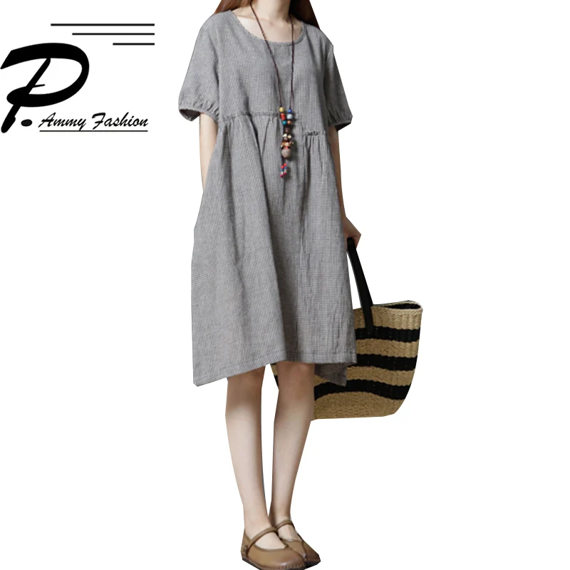 Новое поступление женское клетчатое льняное платье 2018 модные повседневные