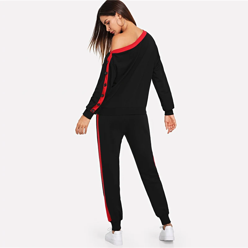SweatyRocks, черный комплект из 2 предметов, полосатый женский спортивный костюм, осенний комплект из двух предметов, Асимметричный топ с пуговицами на шее и штаны