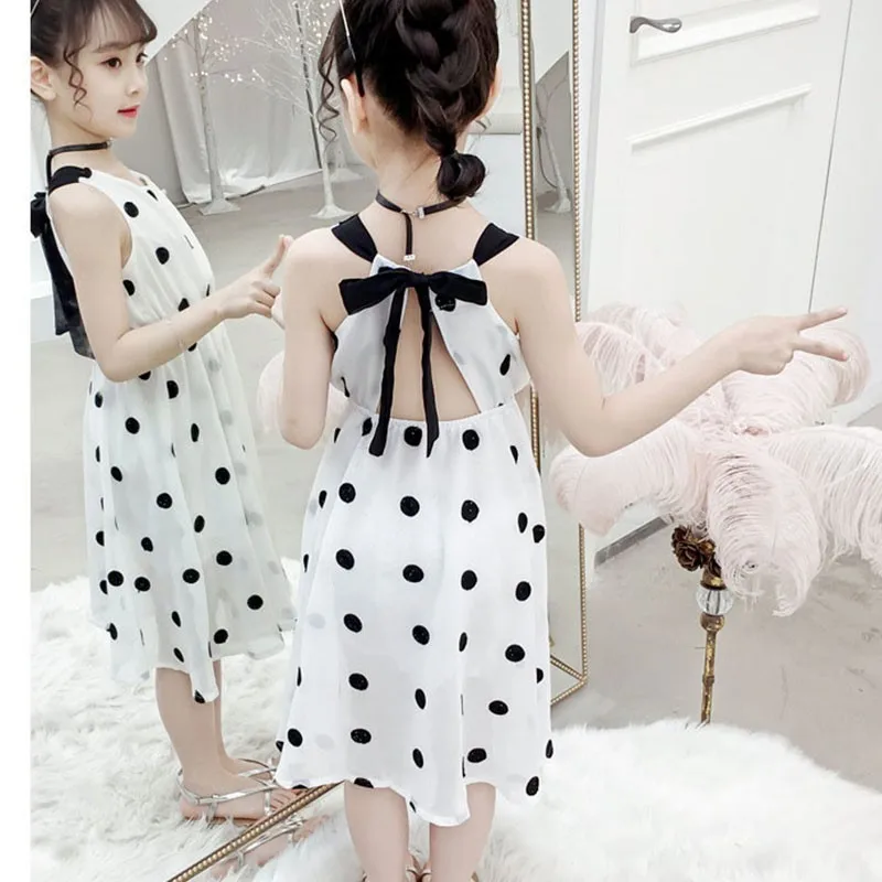 Sleeveless Princess Dress Girl Dot White Holiday Beach Dresses Clothing Backless Chiffon Summer Children Teen For Girls | Детская одежда