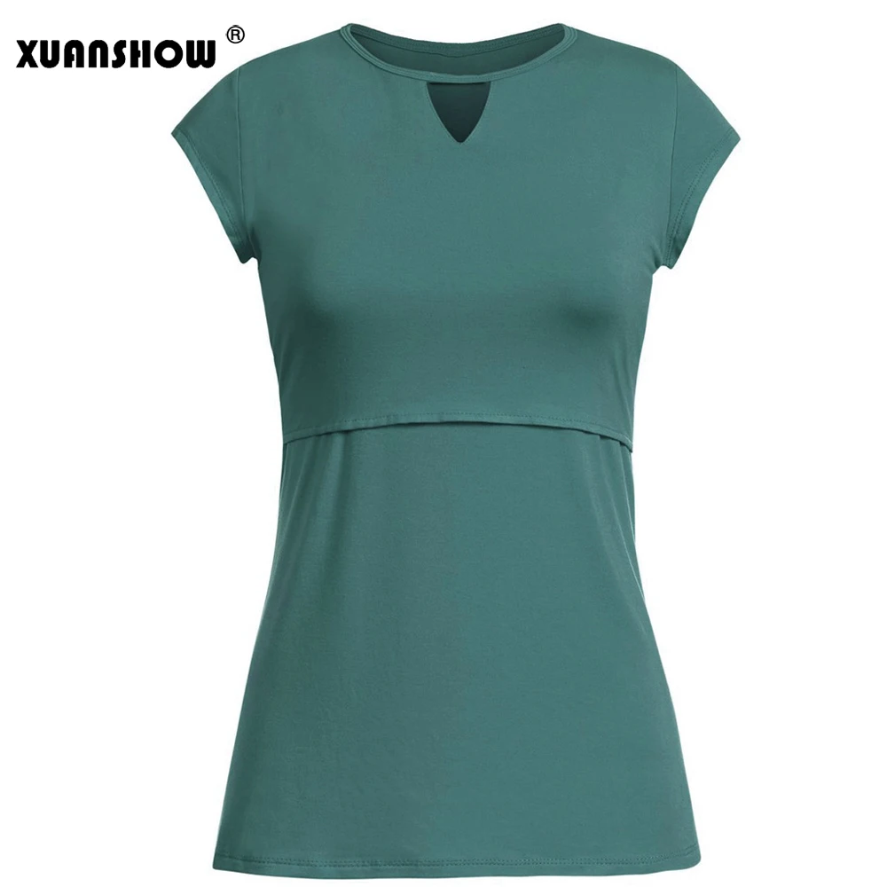 Green XUANSHOW футболки для женщин мода с коротким рукавом для мамы Топ О образным вырезом выдалбливают Плюс Размер Женская одежда для кормления грудью 5XL футболка - Цвет: Green