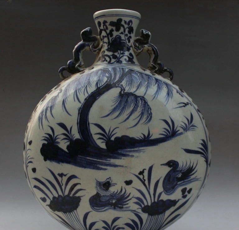 17 &quotСтарый Китай синий белый фарфор ивовое дерево мандарин утка бутылка с