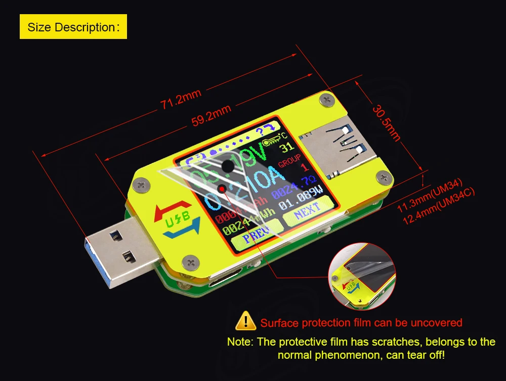 AT34 UM34/UM34C UM24/UM24C UM25/UM25C цветной ЖК-дисплей USB тестер напряжения измеритель тока Вольтметр USB Тестер