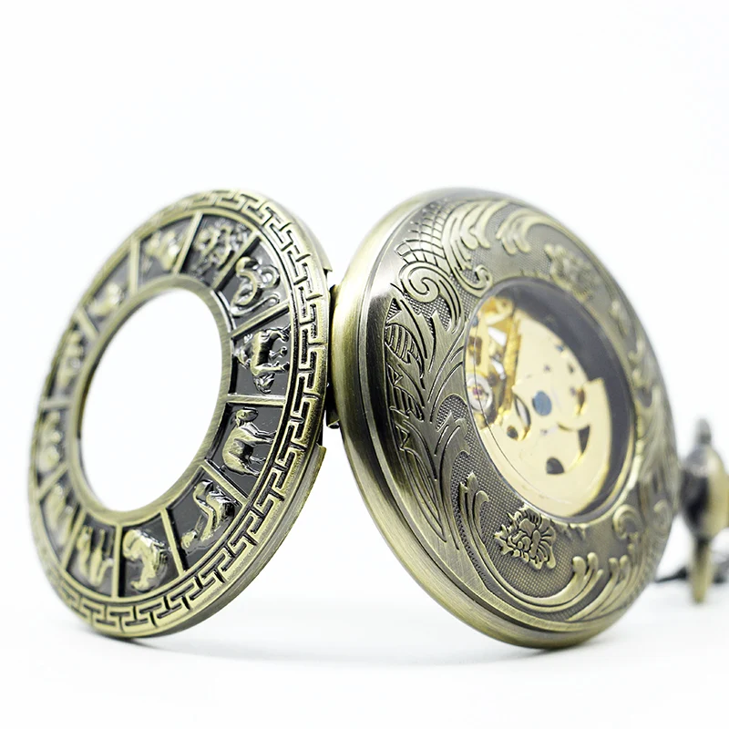 Antique Chinese Zodiac Hollow Relief Mechanical Pocket Watch Manual Winding Steampunk Fob Chain Clock Festival Men's Best Gift