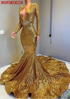 2019 vintage gold sequined v neck beading prom dresses mermaid open back sweep train evening gowns pageant dress formal gown