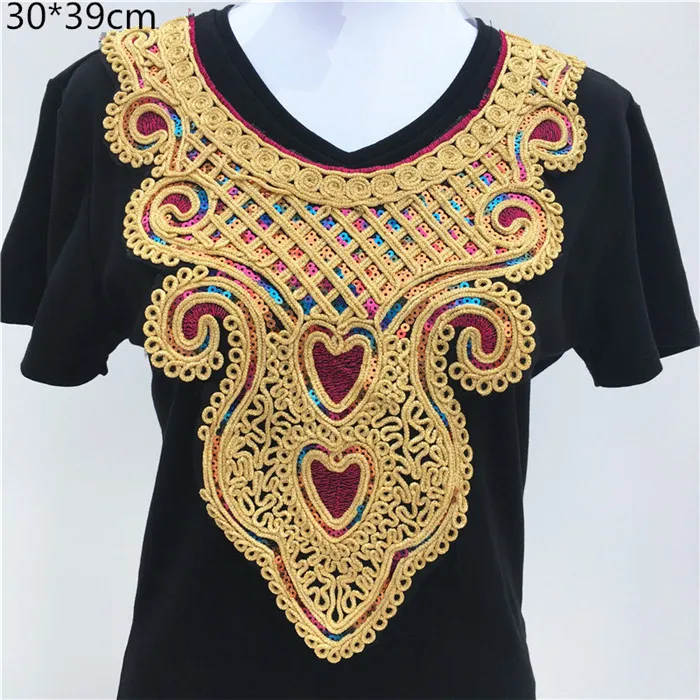 GoldNeckline0038 1 шт. золотая вышивка в этническом стиле воротник Венеция с блестками Цветочная вышивка аппликация кружевной вырез воротник аксессуары для одежды - Цвет: GoldNeckline0038