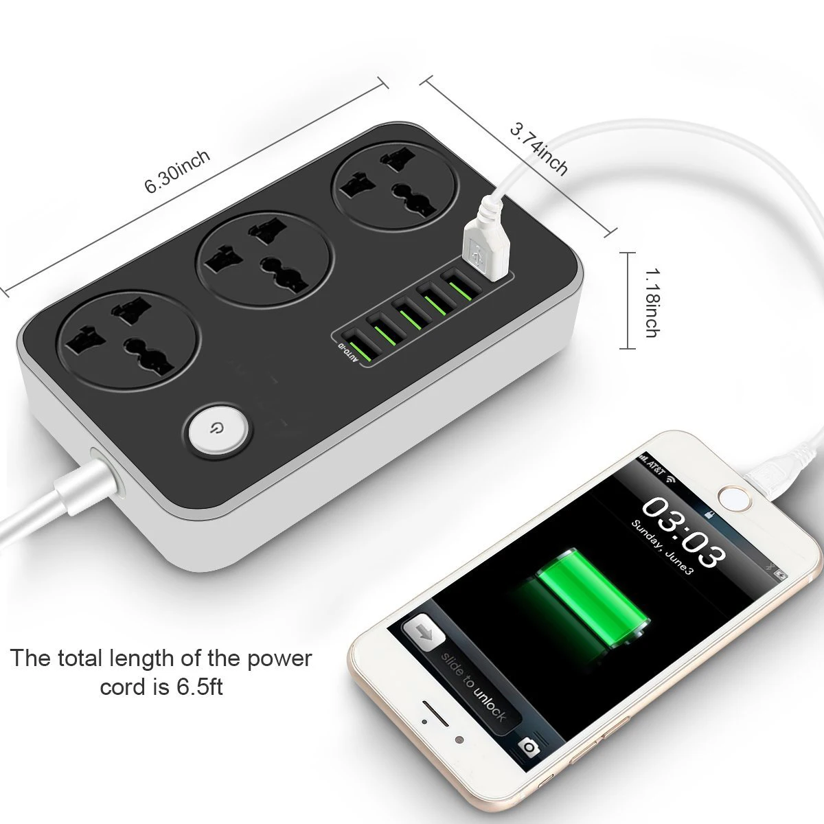 Блок питания универсальная розетка 3 розетки 6 Быстрый USB 5V 3.4A 17W зарядная станция 2500W стабилизатор напряжения 6.5ft шнур автоматический выключатель