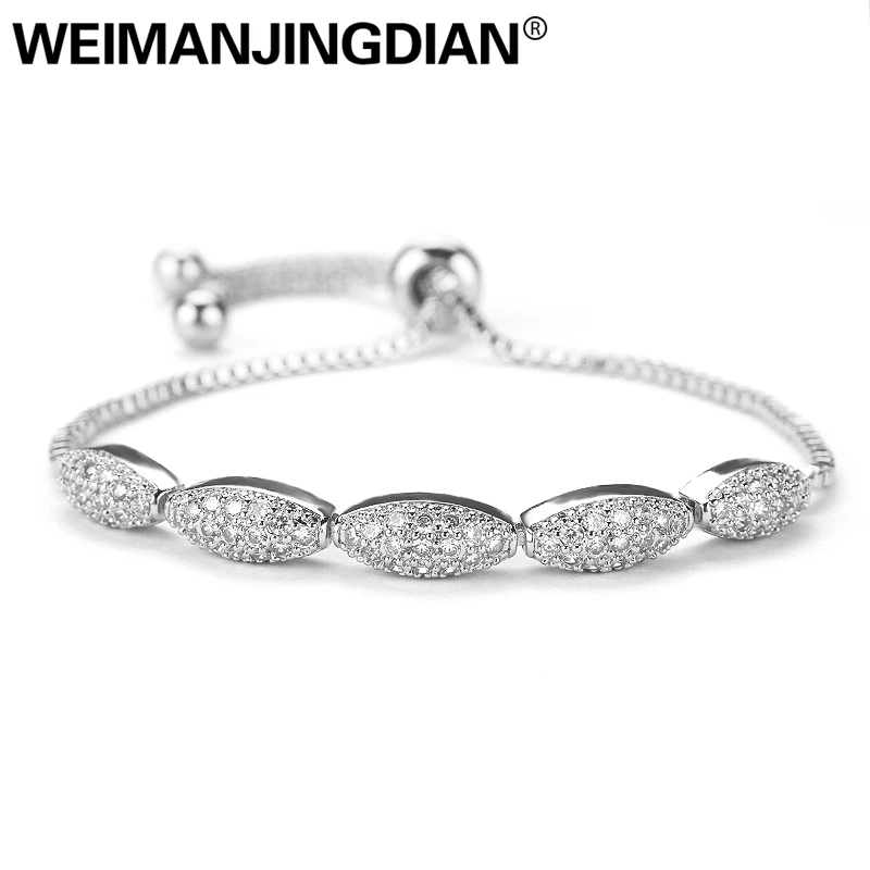 Потрясающий крошечный куб циркония Кристалл CZ Pave Oval регулируемые Bolo браслеты для леди в родии серебро/розовое золото покрытие