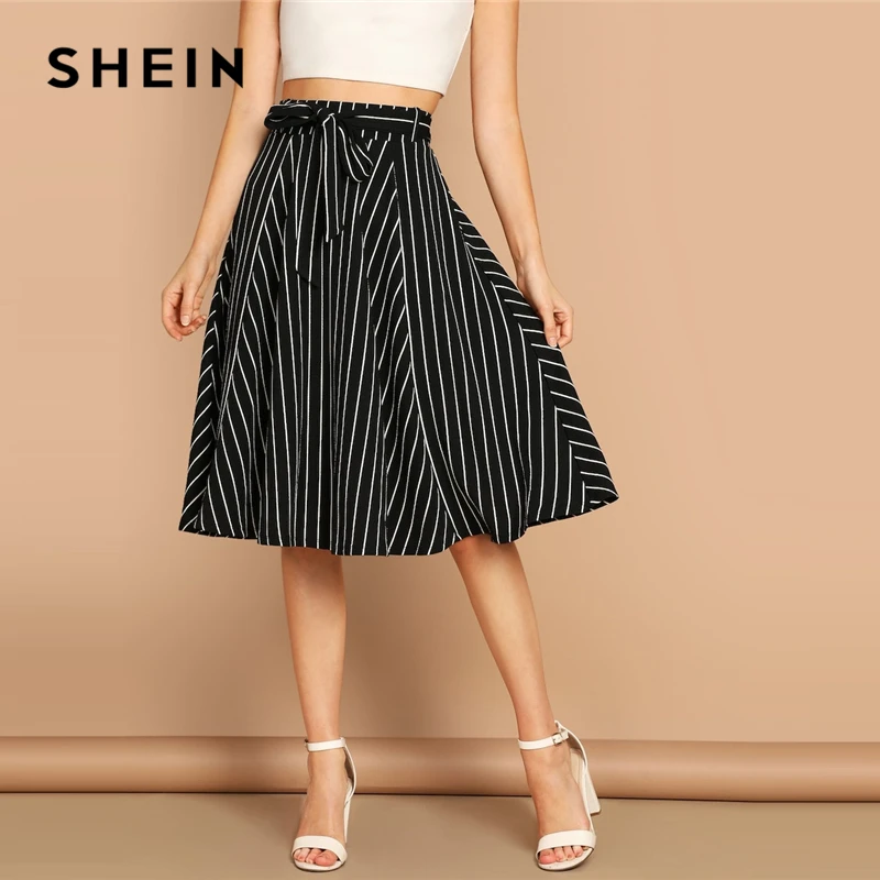 SHEIN Юбка В Полоску С Высокой Талией Женская Черная Летняя Богемная Миди-Юбка С Поясом