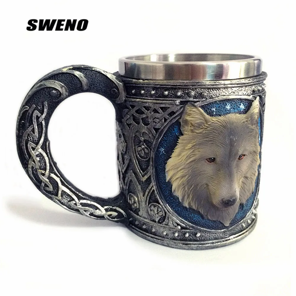 SWENO New Strange Wolf Head Mug 3D Resin Stainless Steel Cup Cartoon Animal Drinking | Дом и сад