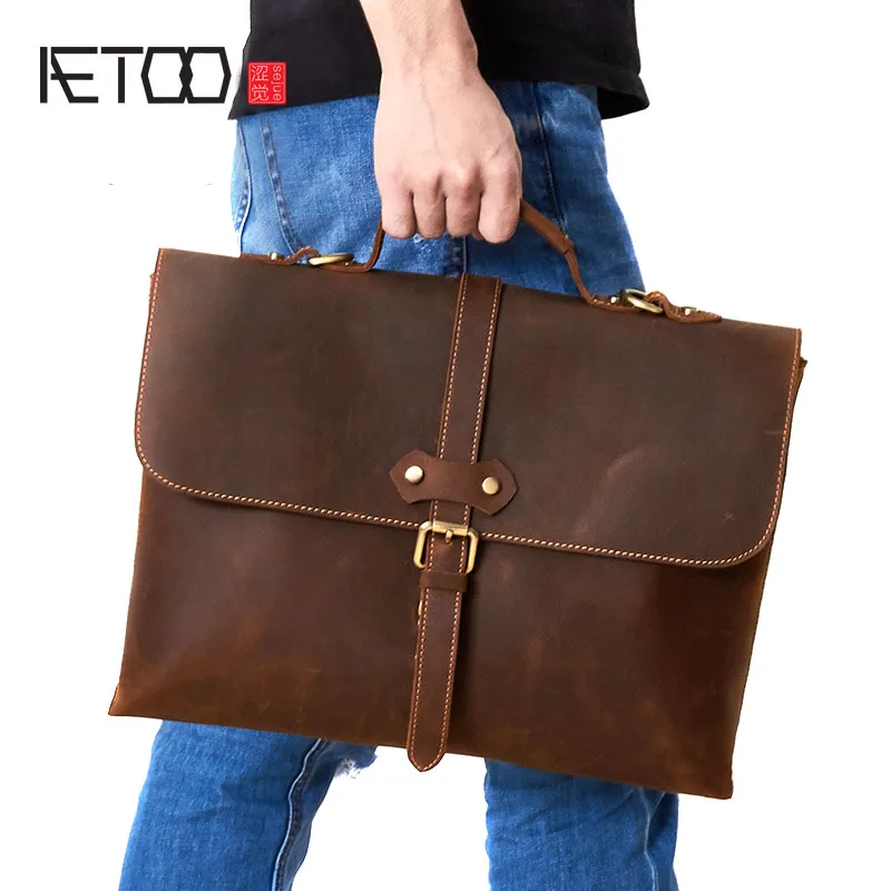 AETOO Europe and the United States selling crazy leather men's briefcase retro fashion business men's leather handbag shoulder b