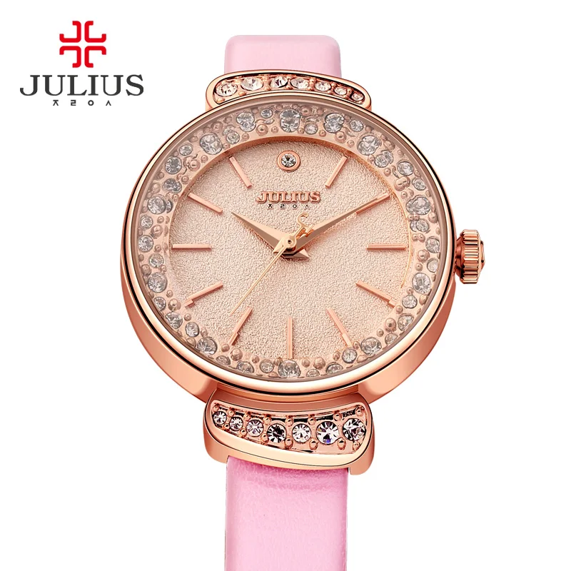 JULIUS JA-866 женские модные часы под платье стразы Whatches мятно-зеленый розовый кожаный