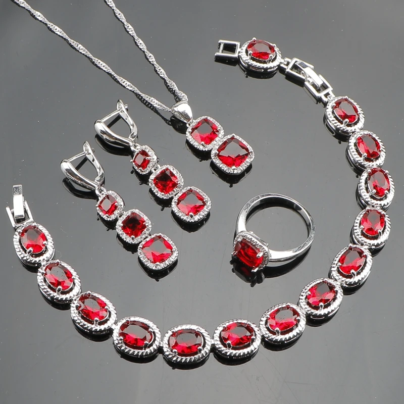 925 Sterling Silver Jewelry Sets For Women Wedding Square Red CZ White Austrian Crystal Bracelets/Earrings/Pendant/Necklace/Ring | Украшения