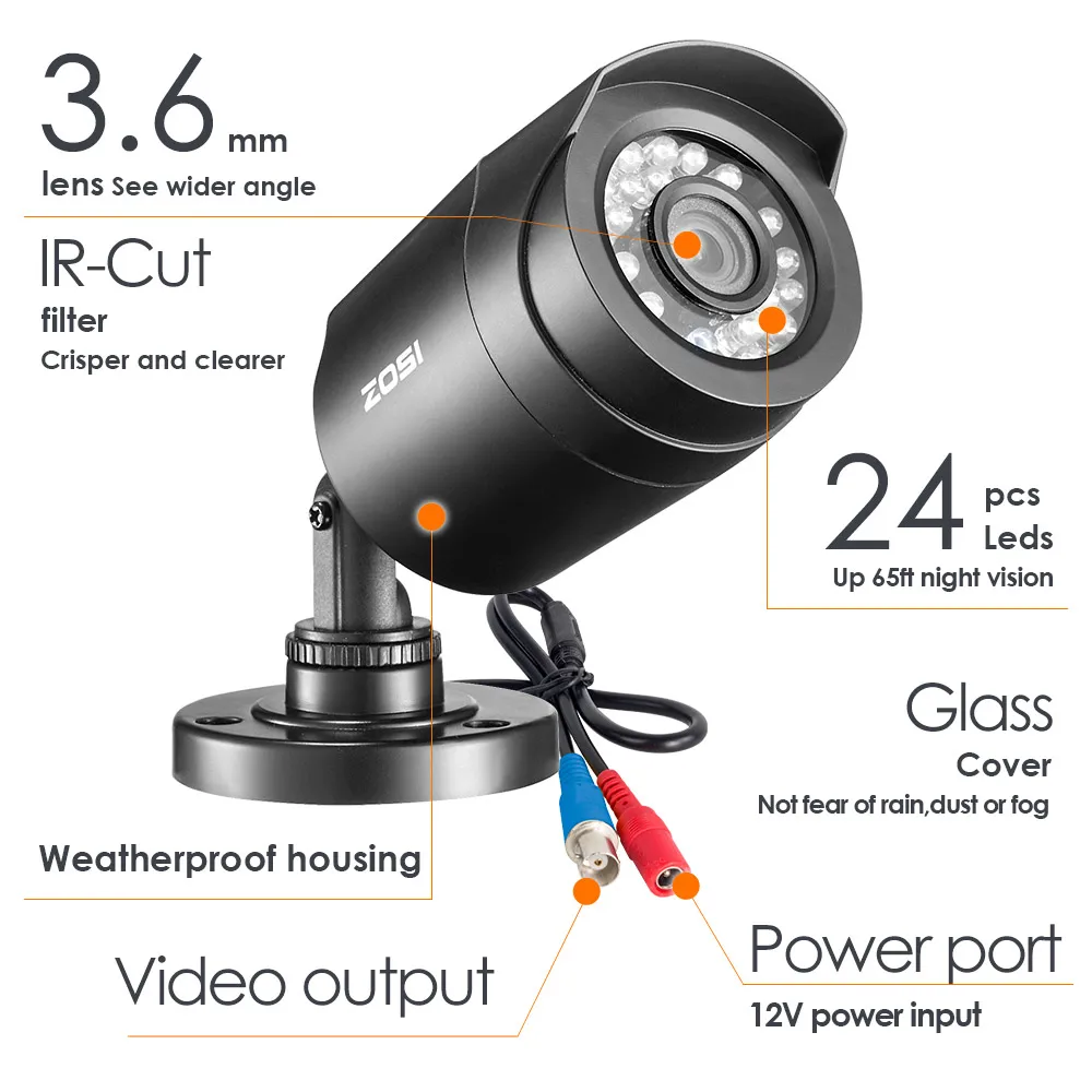 ZOSI 720 P/1080 P HD-TVI CCTV камера безопасности, 3,6 мм объектив 24 ИК светодиодов, 65 футов ночного видения, уличная камера видеонаблюдения