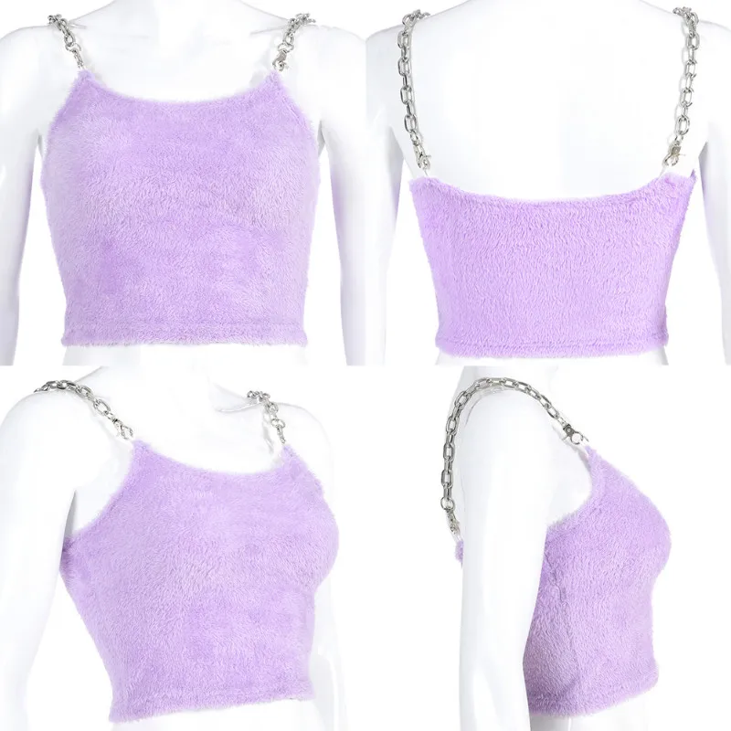 Женский укороченный топ повседневные меховые топы с металлической цепочкой без