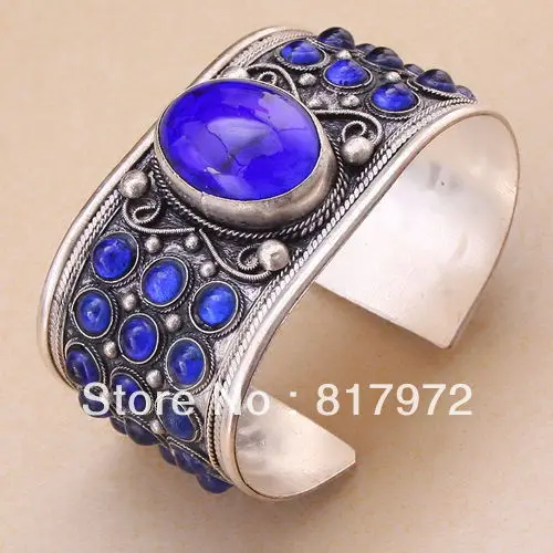 

Tibet Silver Carved Flower Lace inlay more Bling lapis lazuli Bead cuff bracelet Adjustable Party Gift &6YB00020