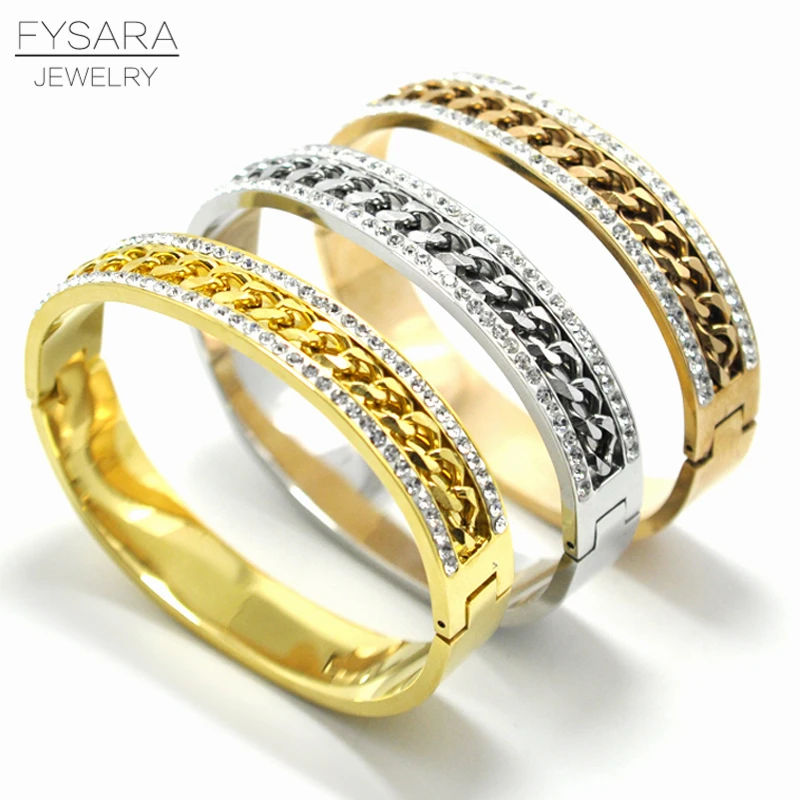 FYSARA, панк, широкие браслеты с пряжкой, плоская цепочка, CZ, полностью кристаллический браслет, женские браслеты из нержавеющей стали, унисекс, мужские браслеты