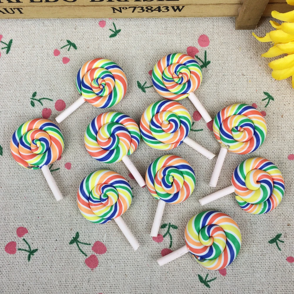 

10Pieces Flat Back Clay Cabochon Kawaii Rainbow Color Lollipop DIY Flatback Scrapbooking Embellishment For Phone Case:26*41mm