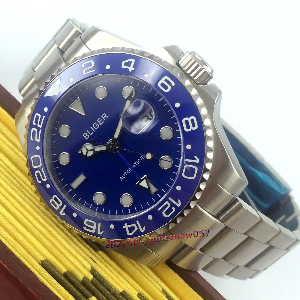 Мужские часы Bliger автоматические с синим циферблатом и 43 мм светящийся
