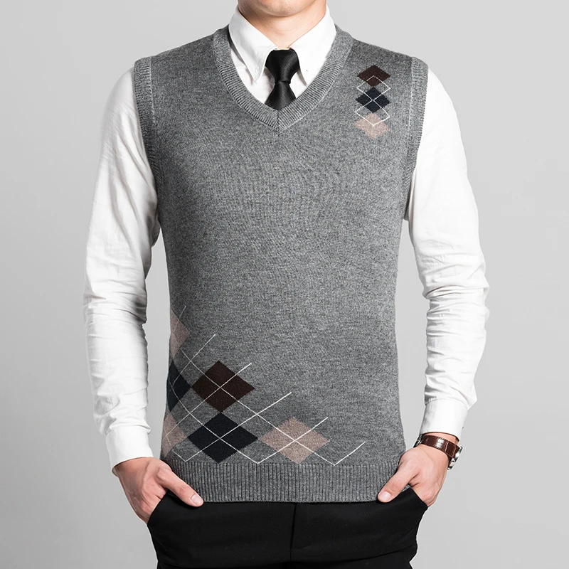 Мужской кашемировый свитер жилет Повседневный с узором ромбиками без рукавов