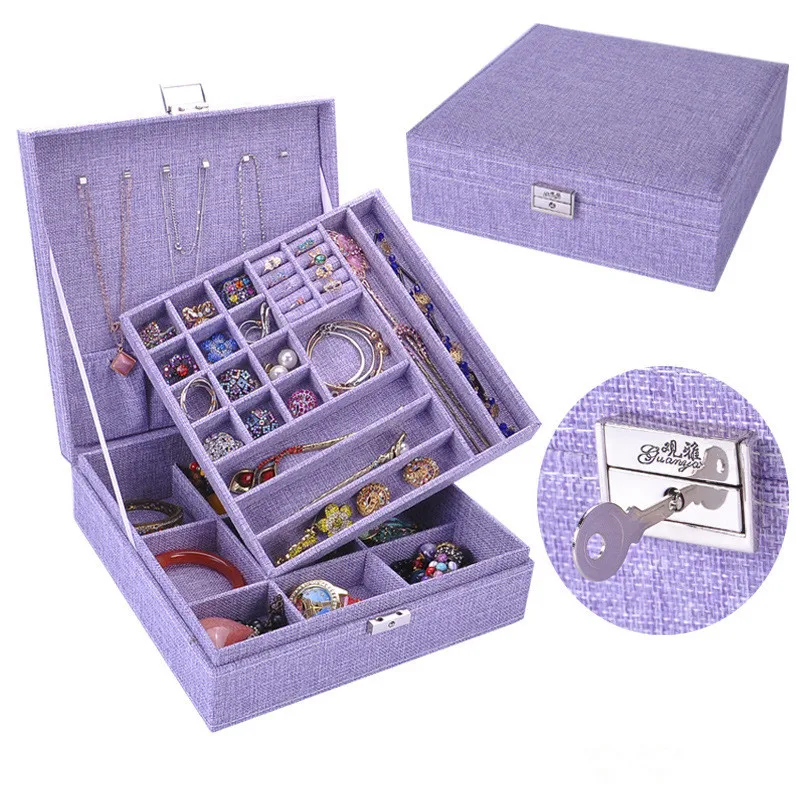 

Guanya Brand Large Best Selling Linen Fabric Square Jewelry Simple layout Box Makeup Jewelry Gift Box organizer Display Case