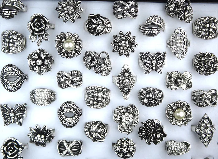 20 шт смешанные стильные чешские Стразы античные посеребренные винтажные кольца