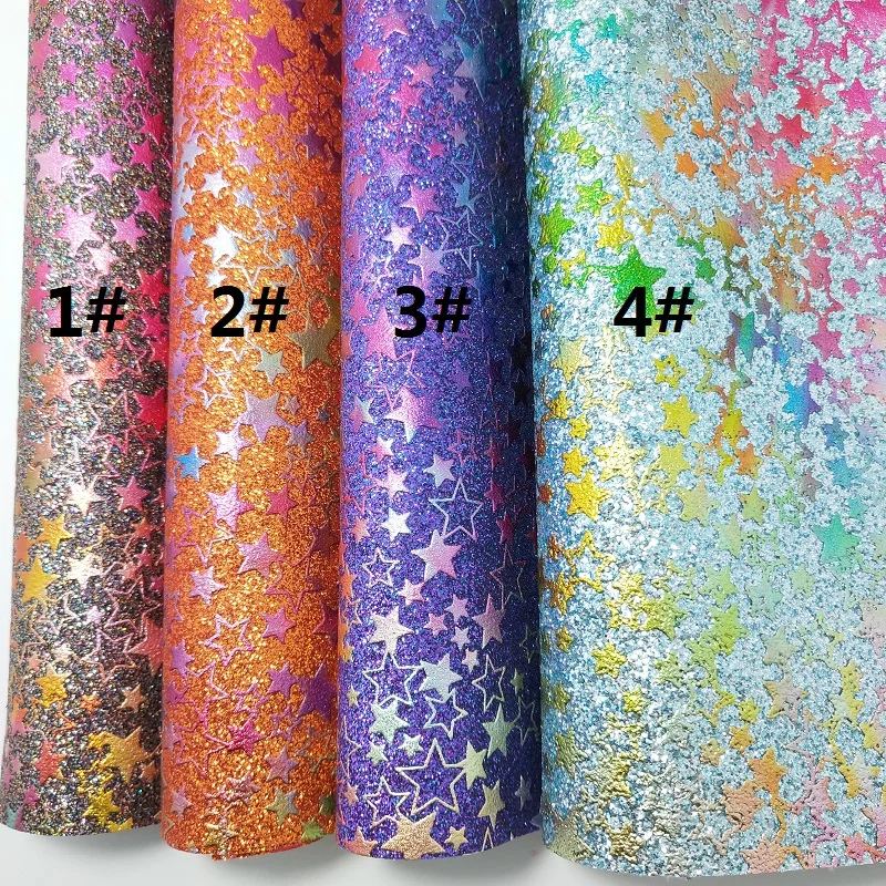 1PC 21X29CM Synthetic Letaher Cuero Sintetico Faux Leather Fabric Printed Stars Glitter leather For Making Bow Accessories 9S24C