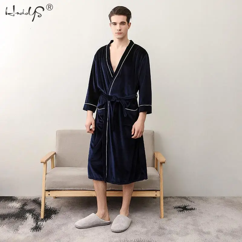 Men Navy Женский и мужской зимний бархатный теплый халат для влюбленных, парная ночная рубашка, халат, одежда для сна, Мужская Ночная одежда для сна и отдыха - Цвет: Men Navy