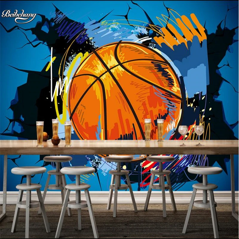 3D обои баскетбольные разбитые стены в европейском и американском стиле прочные