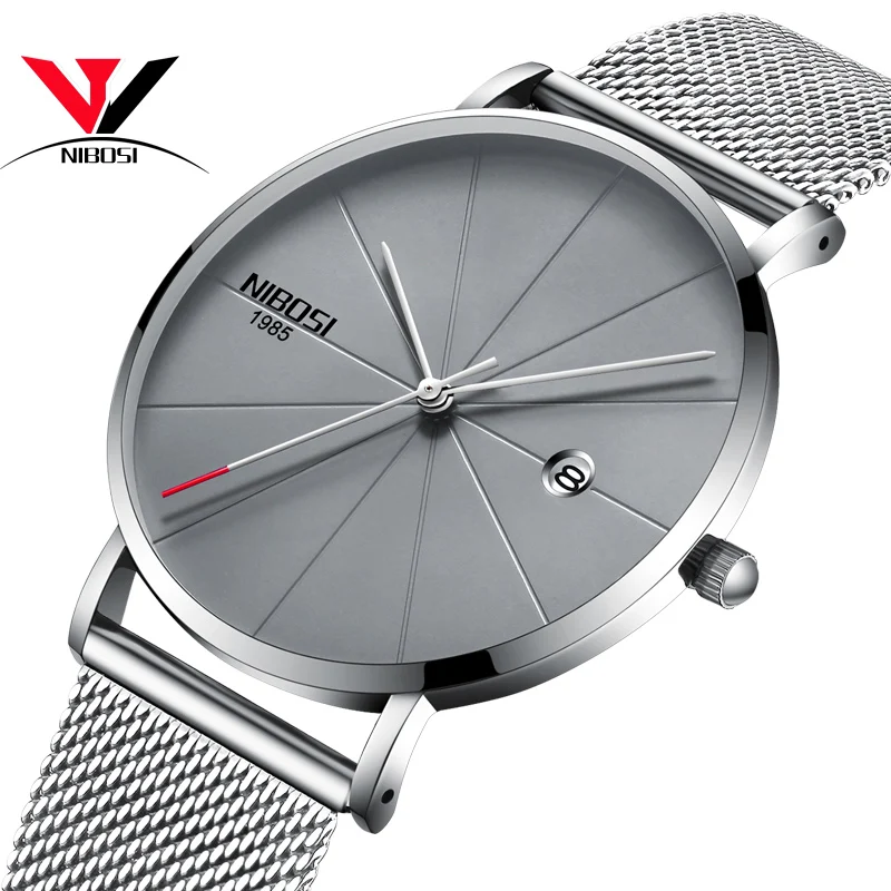 SILVER GREY M Relogios NIBOSI Masculino тонкие часы для мужчин люксовый бренд сетчатый ремешок водонепроницаемые золотые часы унисекс для женщин/мужчин - Цвет: SILVER GREY M