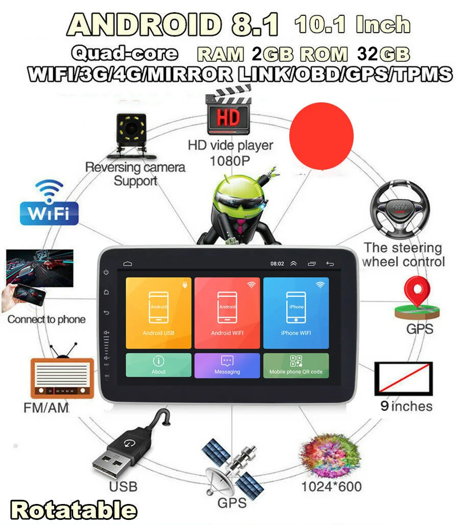 Автомагнитола 1 DIN 9 &quotHD Android 8 MP5 плеер Wi Fi GPS 2 ГБ + 32 автомагнитола видео стерео