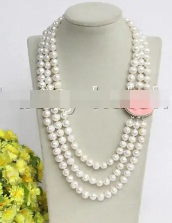 natural 50&quot 3row 9mm round white pearls necklace sea clasp j12205 | Украшения и аксессуары
