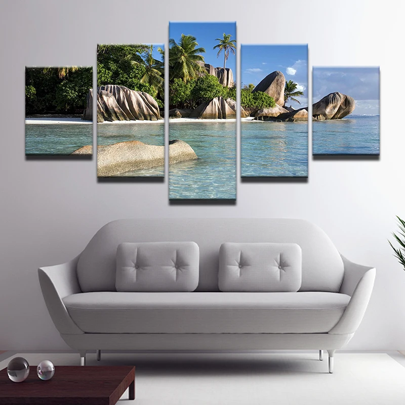 Living Room Home Decor Wall Art Picture Printed Azure Sky Ocean White Clouds Coconut Tree Stone Painting On Canvas | Дом и сад