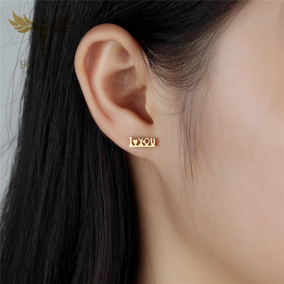 FGifter Romantic Love Word Earrings for Lovers Gold Color Steel Stud Earring Cute Small Studs Lover's Gifts Jewelry | Украшения и
