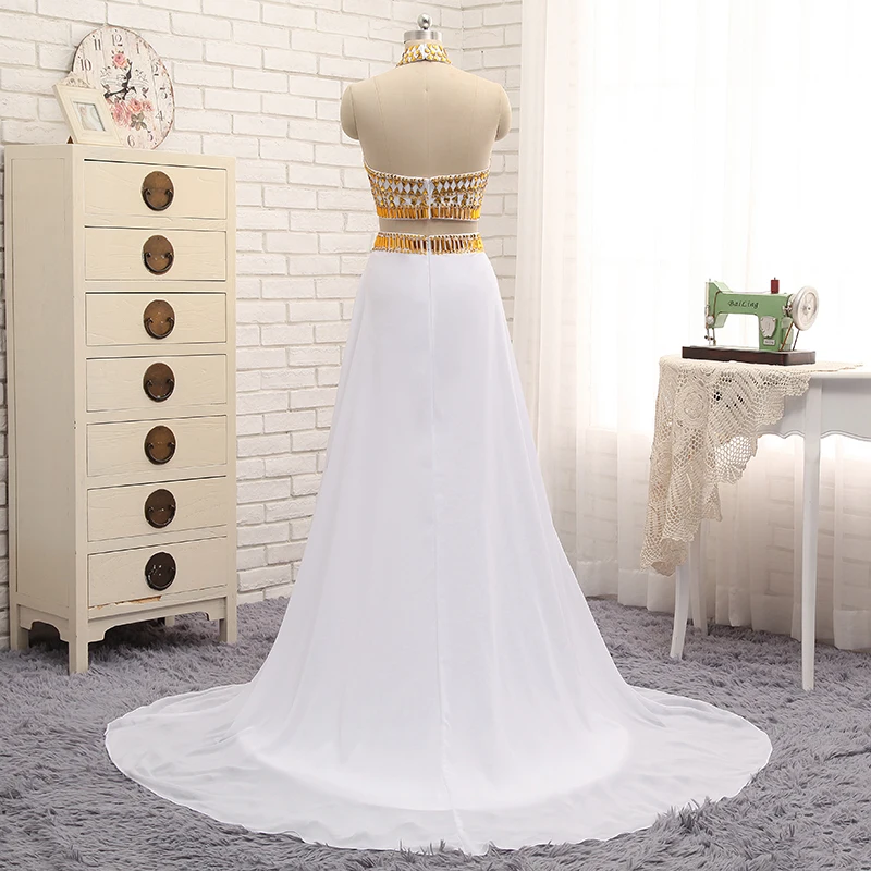 Белое и Золотое платье для выпускного вечера русалки 2018 высокий ворот Лори