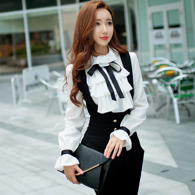 

Dabuwawa Autumn Winter White Blouse Women New Ruffles Bow Tie Shirts Long Puff Sleeve office lady Elegant Blouse Top