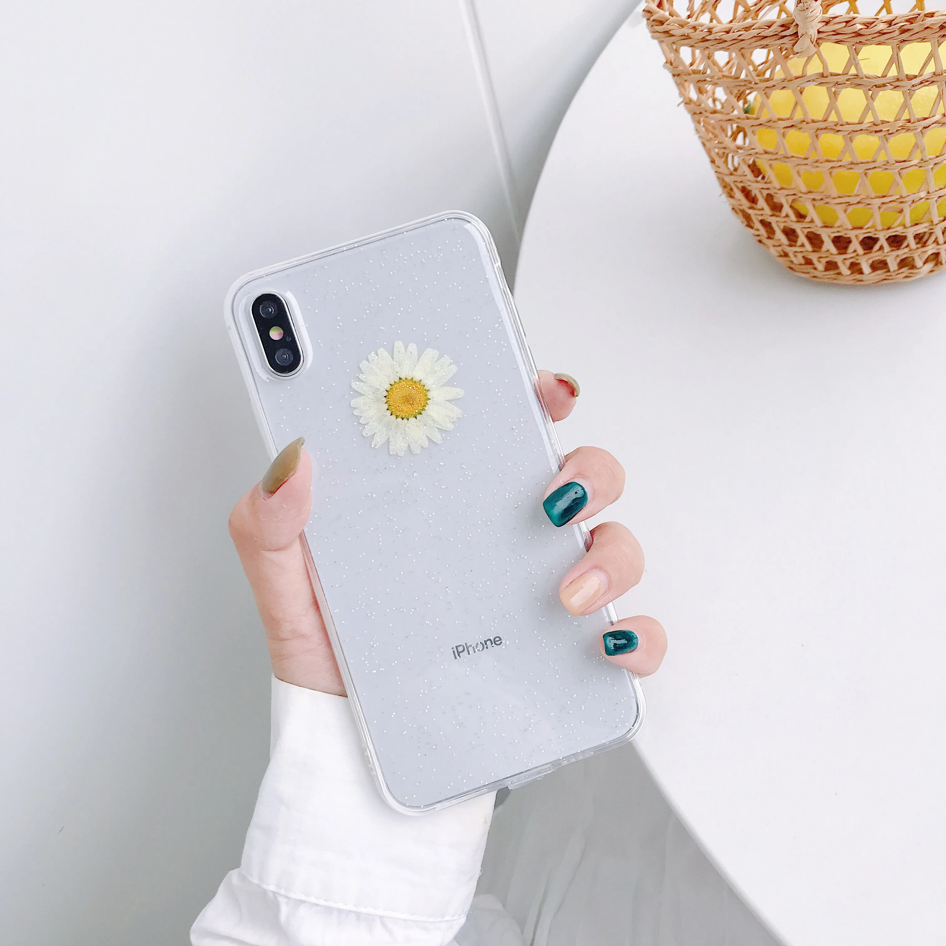 PEIPENG Daisy Real Flower Phone Case For iphone 6 6S 7 8 Plus Handmade Cover for X XS MAX XR Clear Soft Silicone Coque | Мобильные