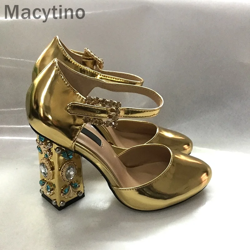 Macytino/Новинка года; роскошные золотистые туфли-лодочки; женские свадебные туфли на высоком каблуке 10 см; Туфли на каблуке с ремешком на щиколотке, украшенные стразами
