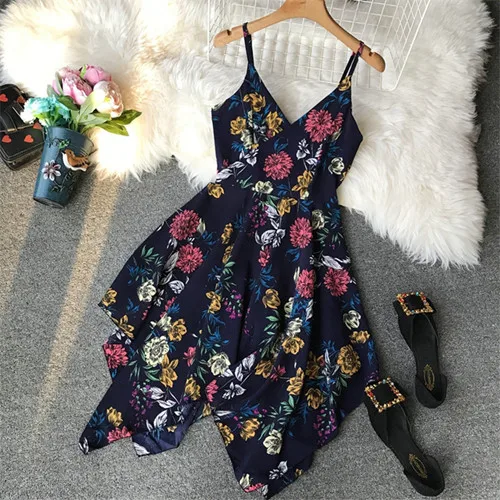 Navy Blue Boho V образным вырезом сексуальное летнее платье с цветочным принтом Нерегулярные Спагетти ремень миди женское повседневное асимметричное богемное пляжное платье - Цвет: Navy Blue