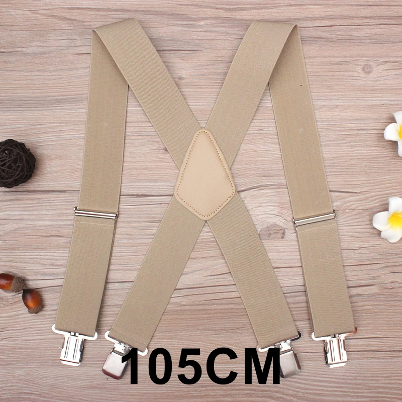 Khaki-105cm 130 см плюс размер подтяжки для тяжелых мужчин брюки с 4 сильными клипсами 5 см широкие подтяжки с x-обратно брюки мужские подтяжки ремень - Цвет: Khaki-105cm